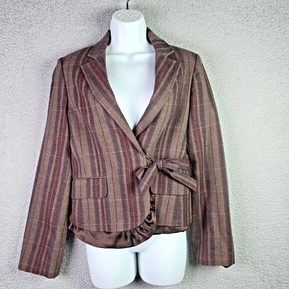 BCBGMaxAzria Plaid Blazer Brown Satin Hem Bow Tailored Designer Preppy Statement - Picture 14 of 15